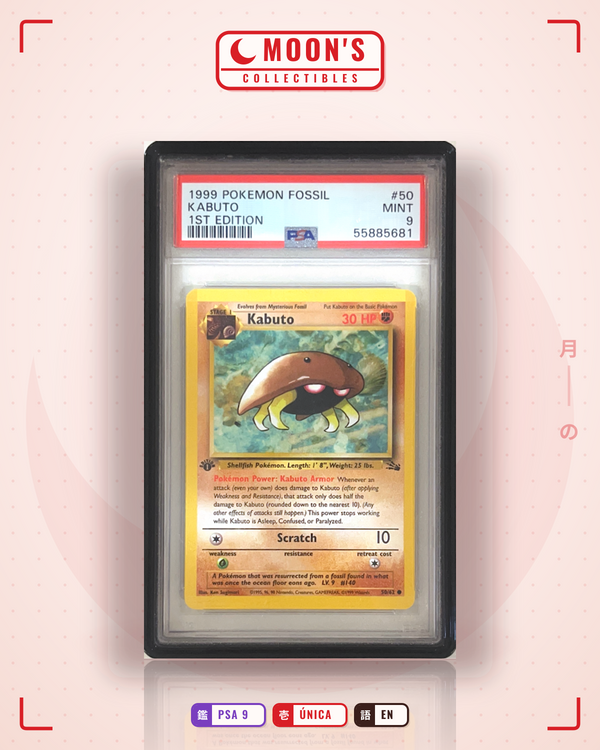 Carta Pokémon Kabuto · Fossil #50/62 (PSA 9) — pieza única en Moon's Collectibles México