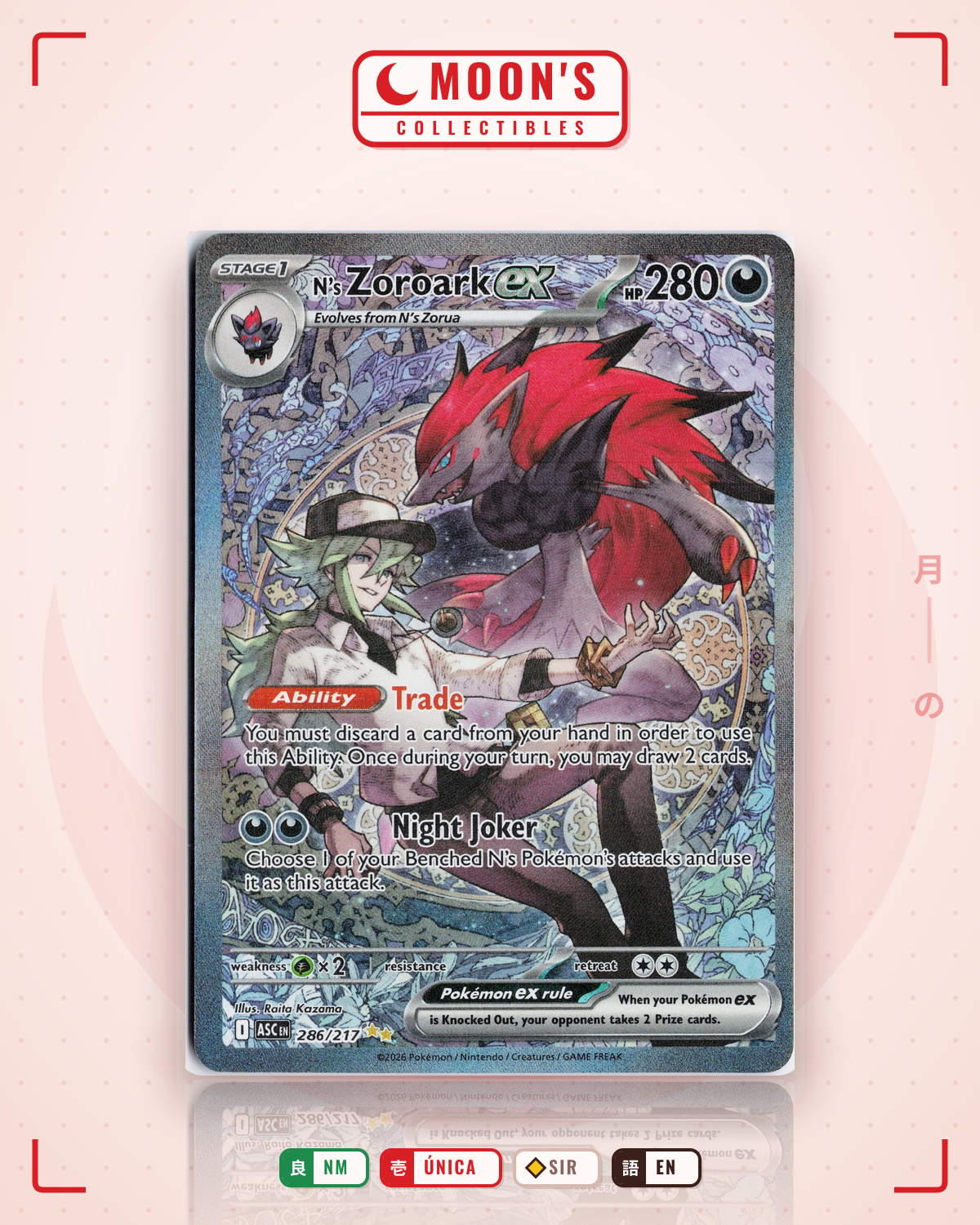 Carta Pokémon N's Zoroark ex · Ascended Heroes #286/217 (NM) — pieza única en Moon's Collectibles México