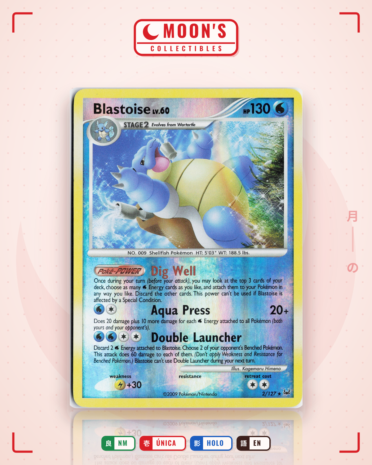 Carta Pokémon Blastoise · Platinum #2/127 (NM) — pieza única en Moon's Collectibles México