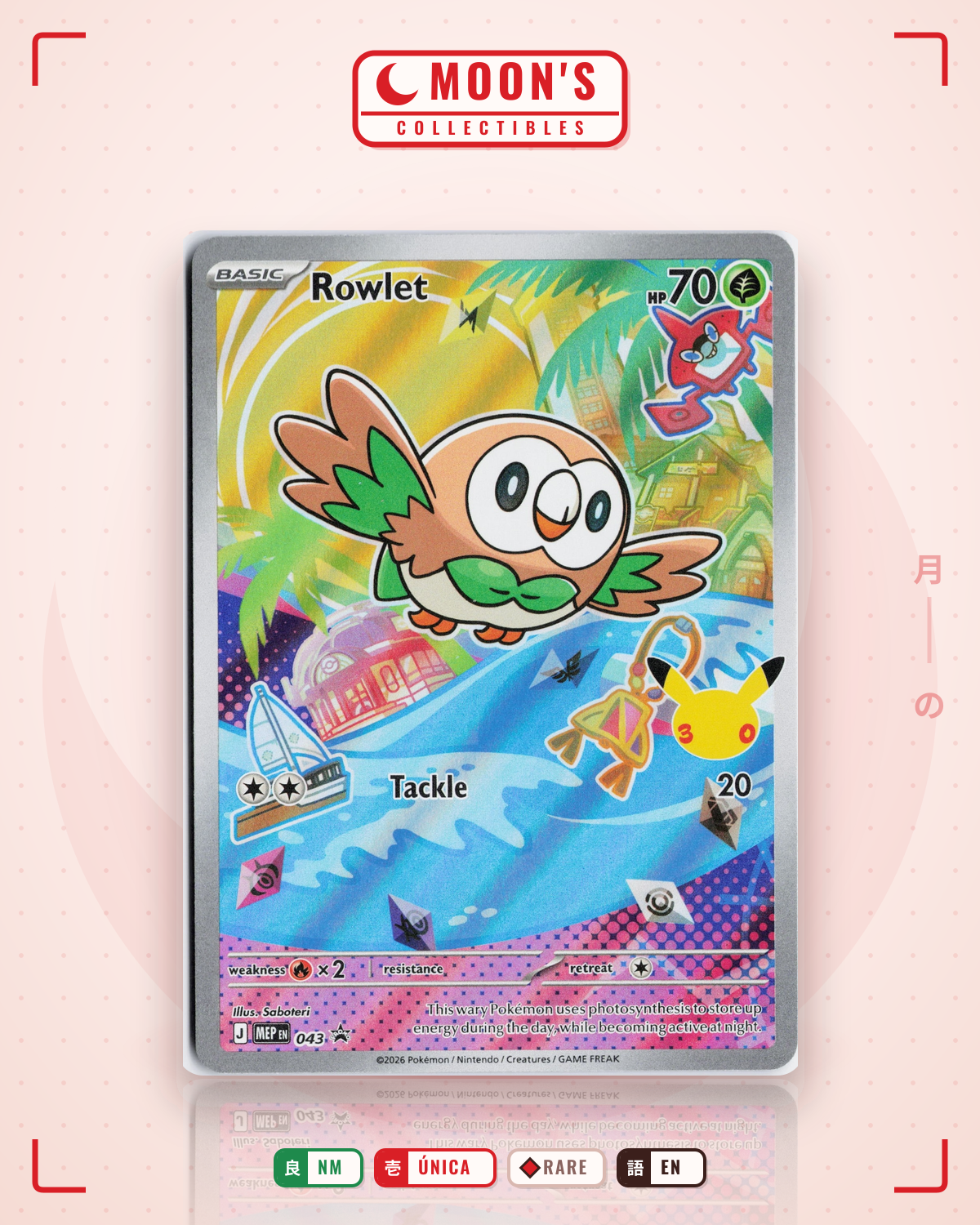 Carta Pokémon Rowlet · Mega Evolution Black Star Promos #043 (NM) — pieza única en Moon's Collectibles México