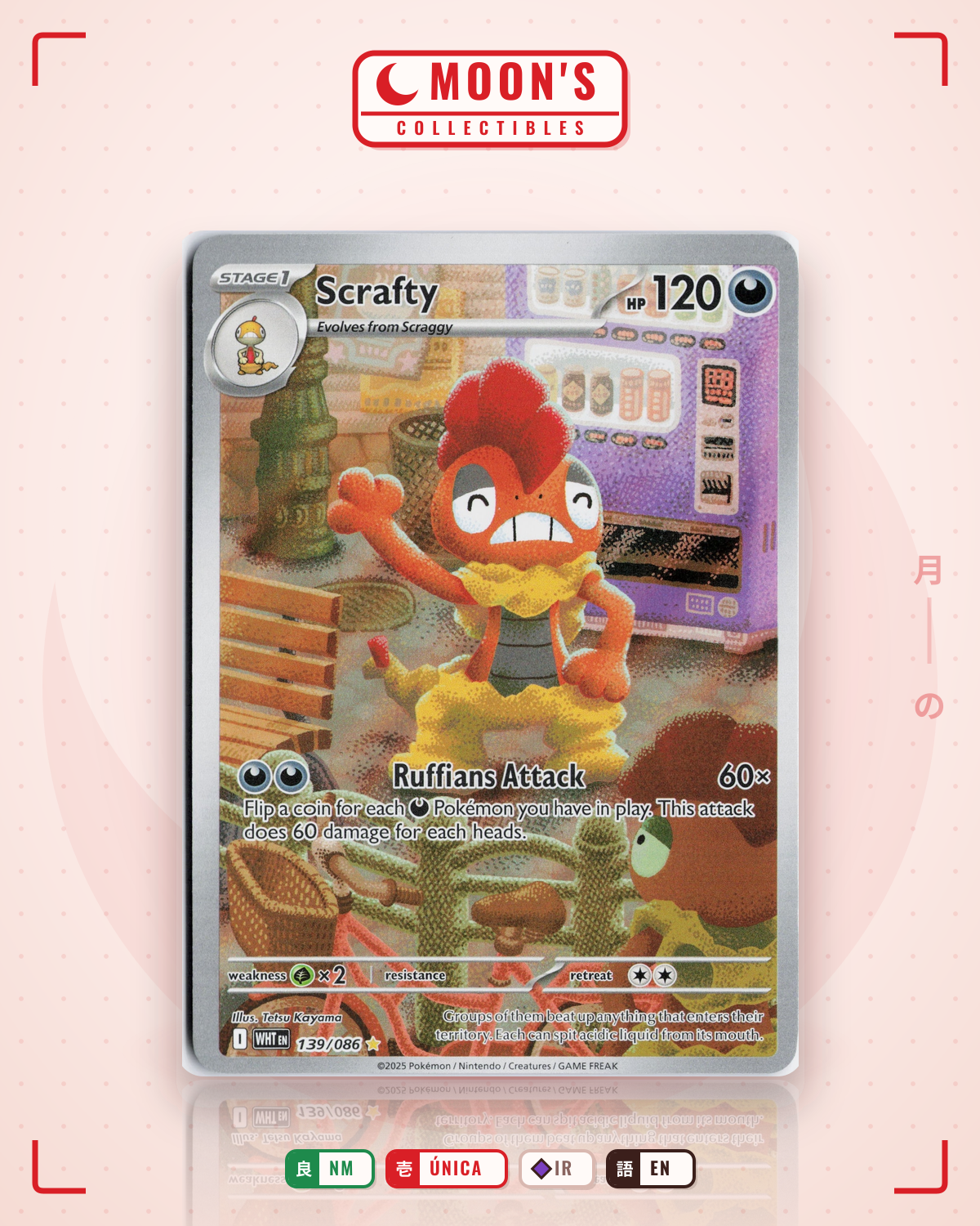Carta Pokémon Scrafty · White Flare #139/086 (NM) — pieza única en Moon's Collectibles México