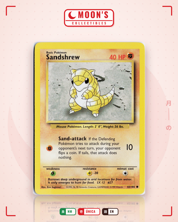 Carta Pokémon Sandshrew · Base #62/102 (NM) — pieza única en Moon's Collectibles México