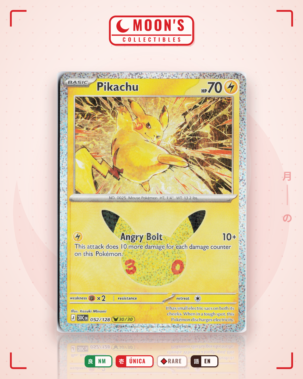 Carta Pokémon Pikachu · 30th Celebration #052/128 (NM) — pieza única en Moon's Collectibles México