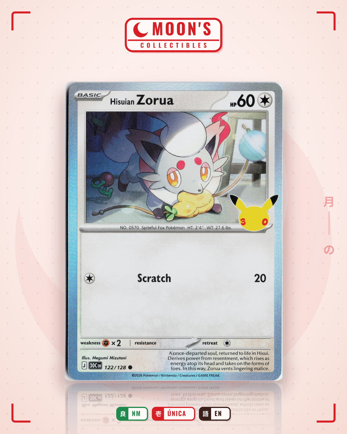 Carta Pokémon Hisuian Zorua · 30th Celebration #122/128 (NM) — pieza única en Moon's Collectibles México