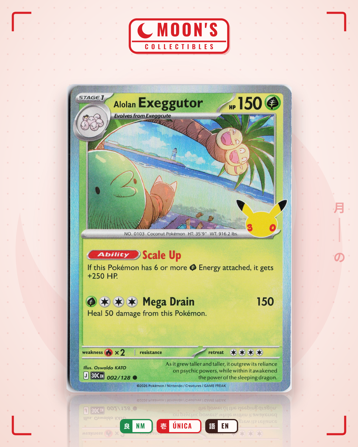 Carta Pokémon Alolan Exeggutor · 30th Celebration #002/128 (NM) — pieza única en Moon's Collectibles México