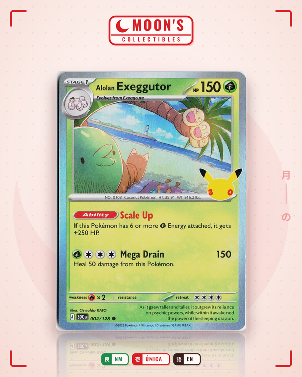 Carta Pokémon Alolan Exeggutor · 30th Celebration #002/128 (NM) — pieza única en Moon's Collectibles México