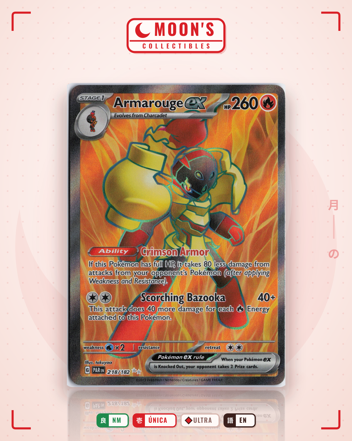 Carta Pokémon Armarouge ex · Paradox Rift #218/182 (NM) — pieza única en Moon's Collectibles México