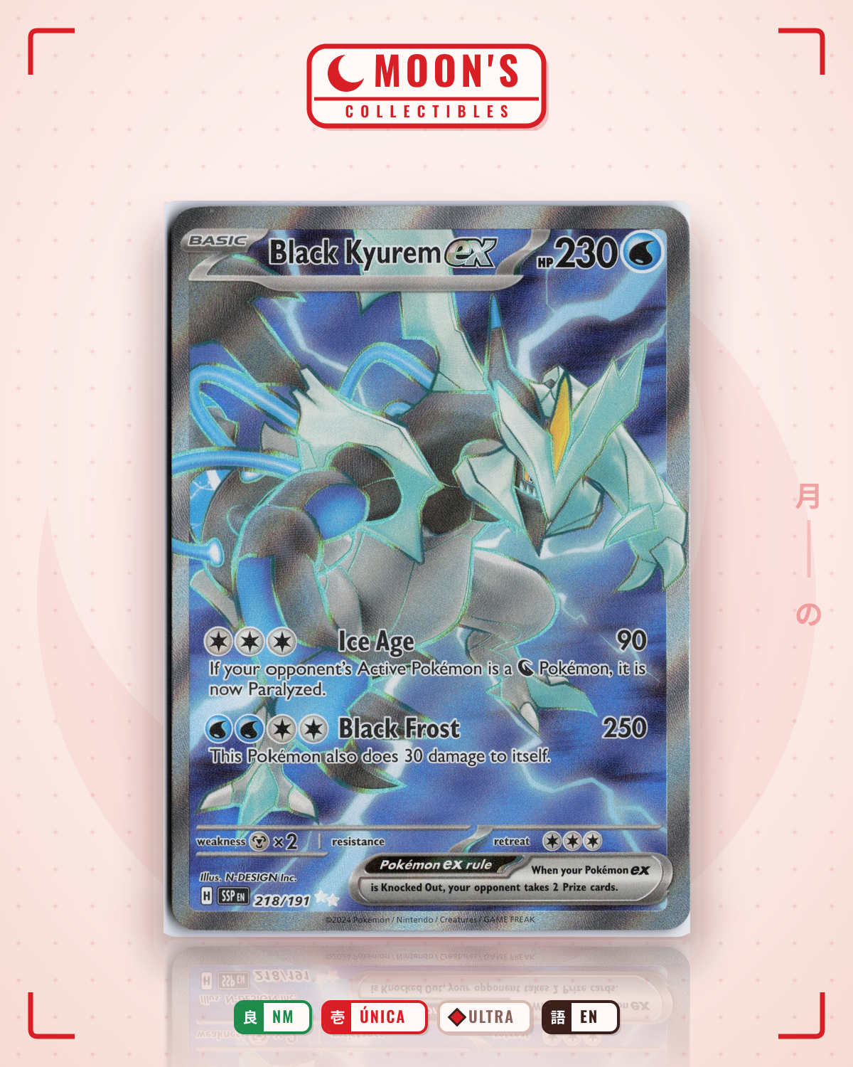 Carta Pokémon Black Kyurem ex · Surging Sparks #218/191 (NM) — pieza única en Moon's Collectibles México