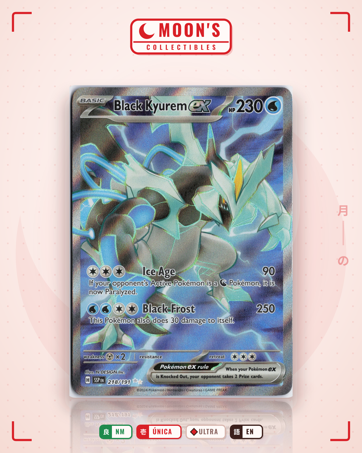 Carta Pokémon Black Kyurem ex · Surging Sparks #218/191 (NM) — pieza única en Moon's Collectibles México