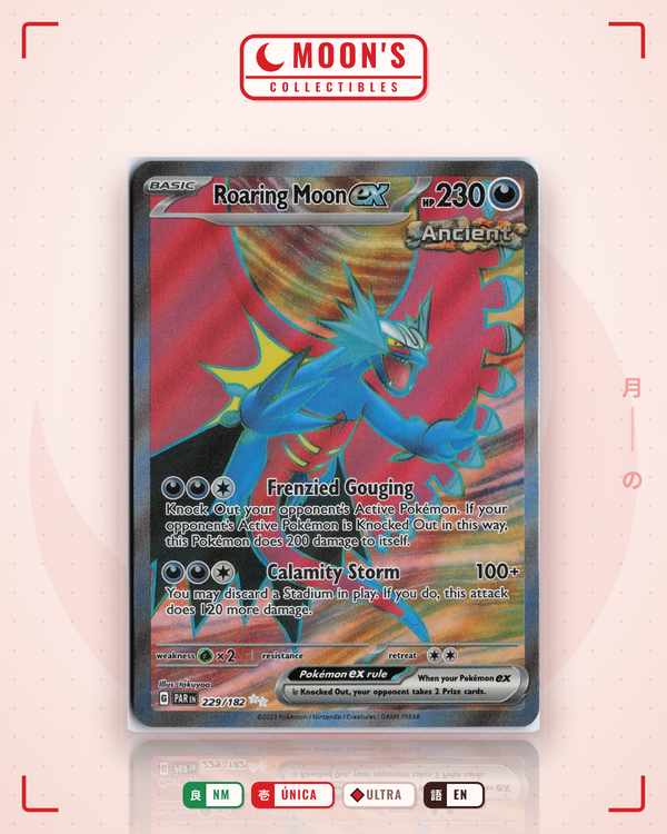Carta Pokémon Roaring Moon ex · Paradox Rift #229/182 (NM) — pieza única en Moon's Collectibles México