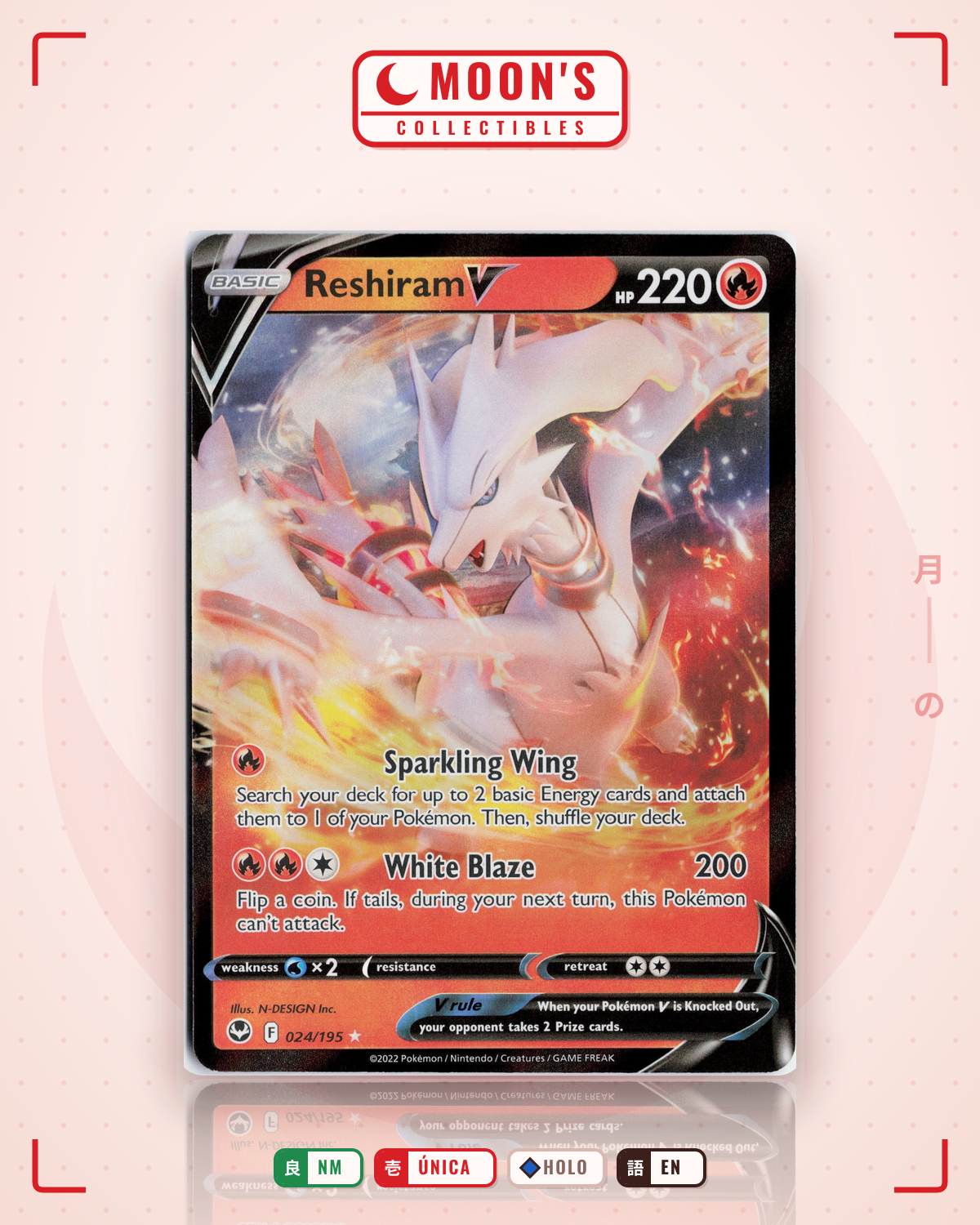 Carta Pokémon Reshiram V · Silver Tempest #024/195 (NM) — pieza única en Moon's Collectibles México