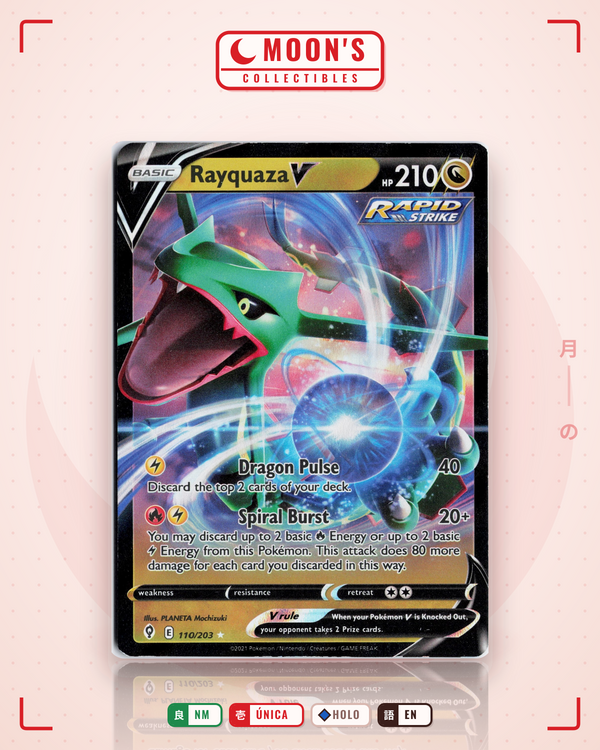 Carta Pokémon Rayquaza V · Evolving Skies #110/203 (NM) — pieza única en Moon's Collectibles México
