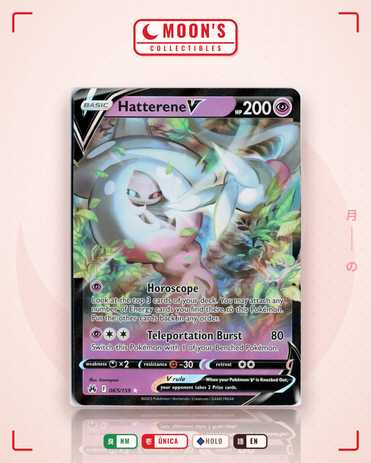 Carta Pokémon Hatterene V · Crown Zenith #065/159 (NM) — pieza única en Moon's Collectibles México