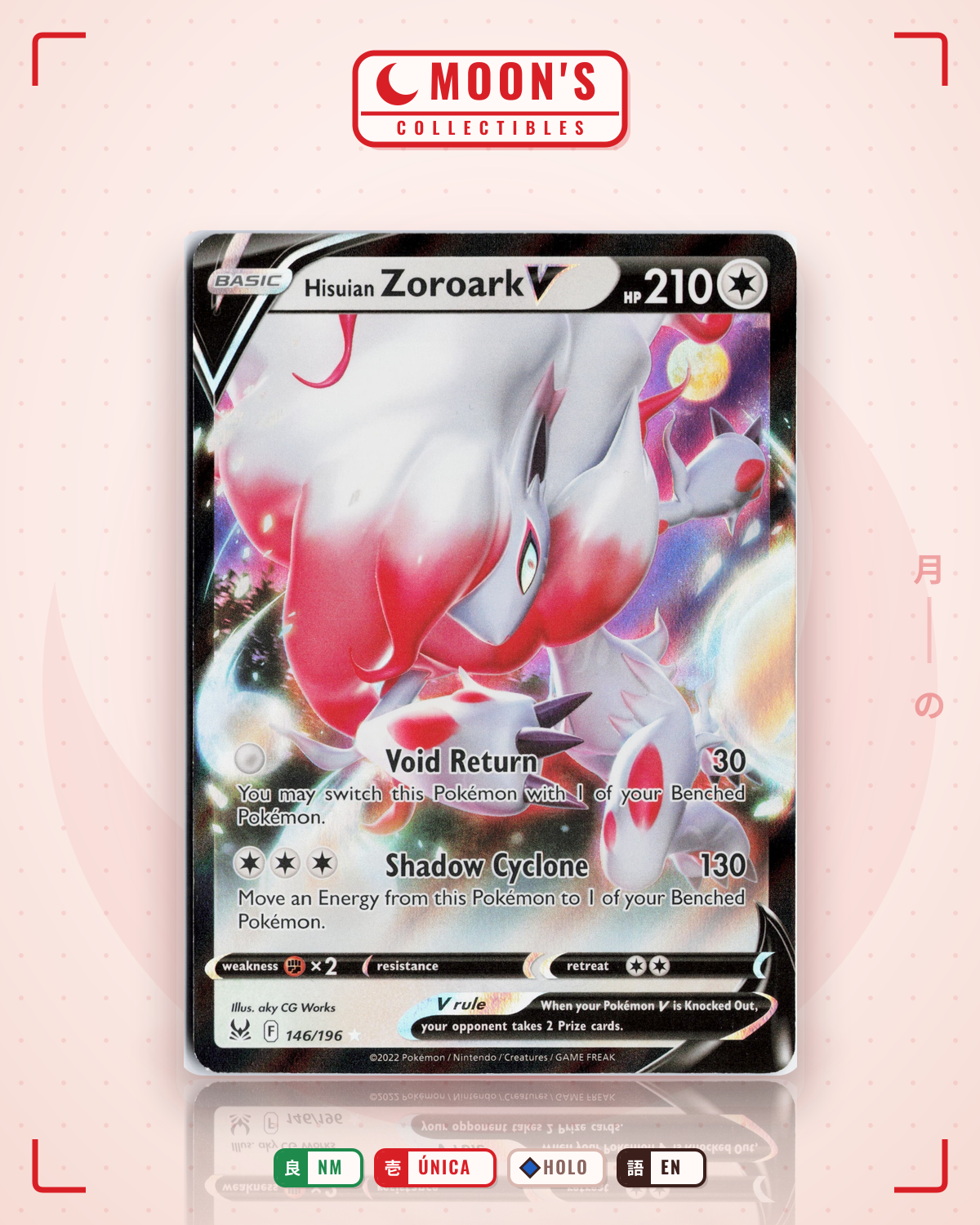 Carta Pokémon Hisuian Zoroark V · Lost Origin #146/196 (NM) — pieza única en Moon's Collectibles México