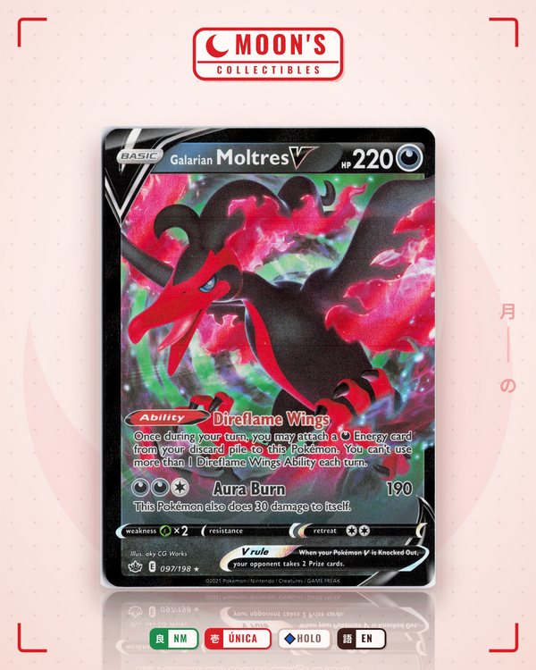 Carta Pokémon Galarian Moltres V · Chilling Reign #097/198 (NM) — pieza única en Moon's Collectibles México