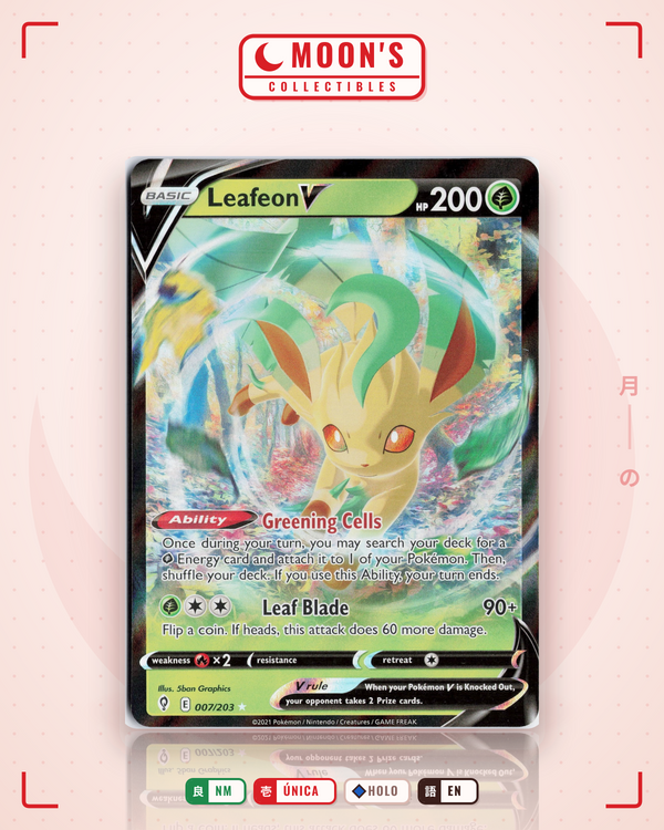 Carta Pokémon Leafeon V · Evolving Skies #007/203 (NM) — pieza única en Moon's Collectibles México
