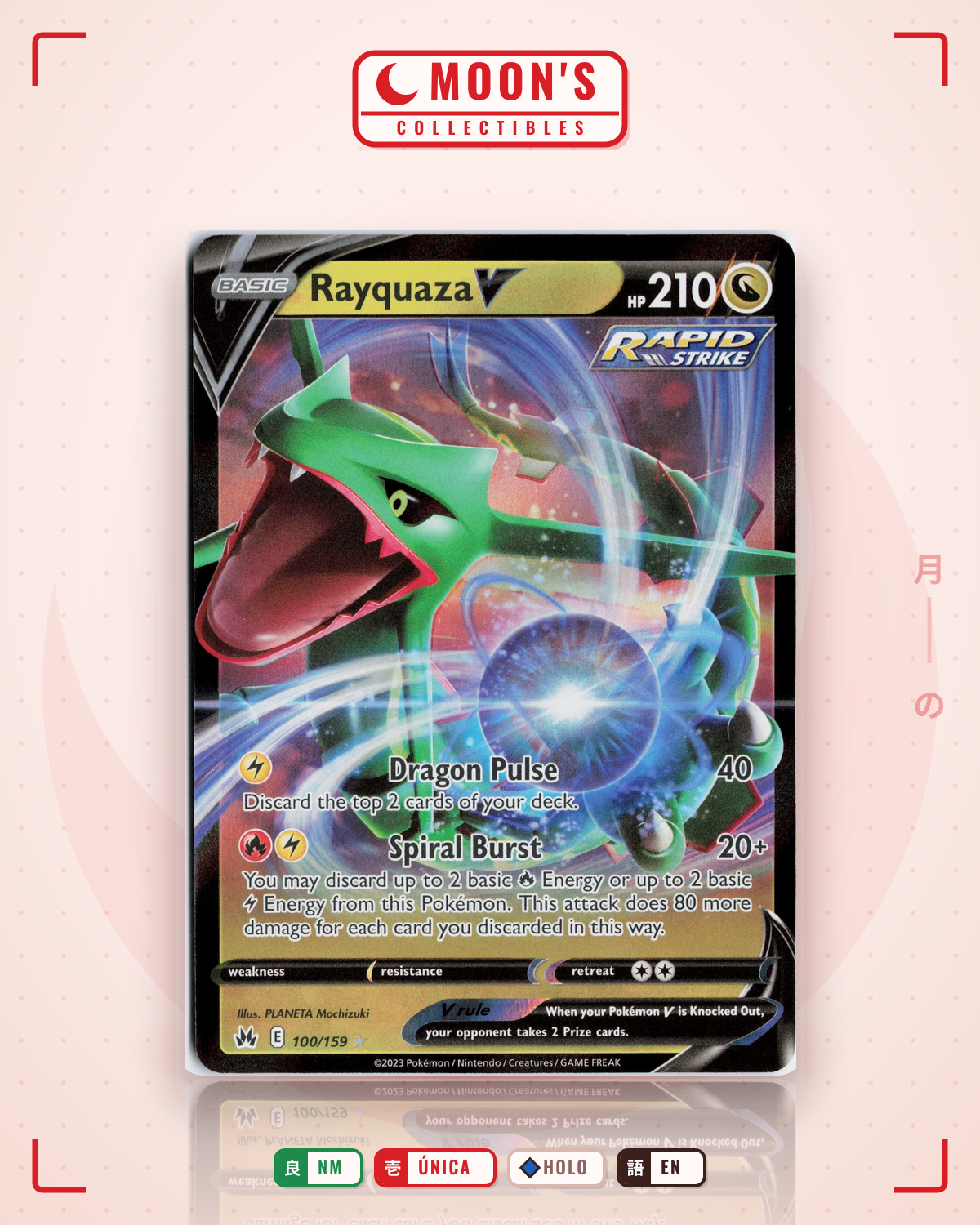 Carta Pokémon Rayquaza V · Crown Zenith #100/159 (NM) — pieza única en Moon's Collectibles México