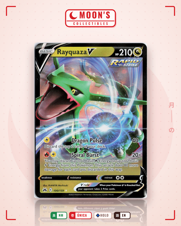 Carta Pokémon Rayquaza V · Crown Zenith #100/159 (NM) — pieza única en Moon's Collectibles México