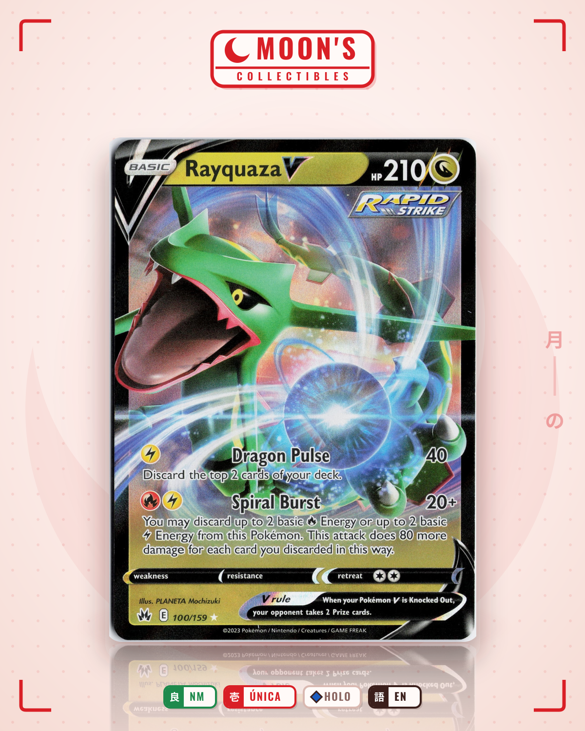 Carta Pokémon Rayquaza V · Crown Zenith #100/159 (NM) — pieza única en Moon's Collectibles México