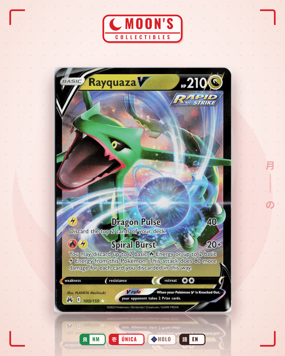 Carta Pokémon Rayquaza V · Crown Zenith #100/159 (NM) — pieza única en Moon's Collectibles México