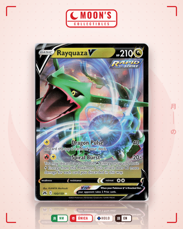 Carta Pokémon Rayquaza V · Crown Zenith #100/159 (NM) — pieza única en Moon's Collectibles México