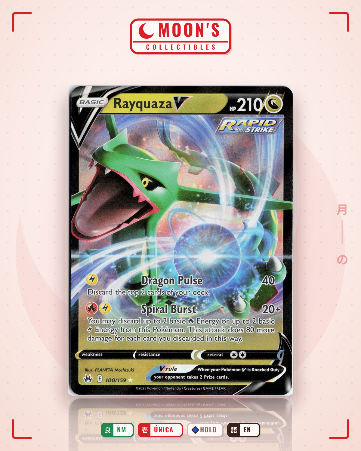 Carta Pokémon Rayquaza V · Crown Zenith #100/159 (NM) — pieza única en Moon's Collectibles México