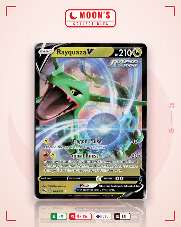 Carta Pokémon Rayquaza V · Crown Zenith #100/159 (NM) — pieza única en Moon's Collectibles México