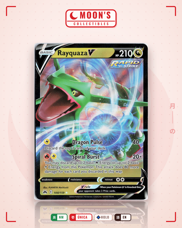 Carta Pokémon Rayquaza V · Crown Zenith #100/159 (NM) — pieza única en Moon's Collectibles México