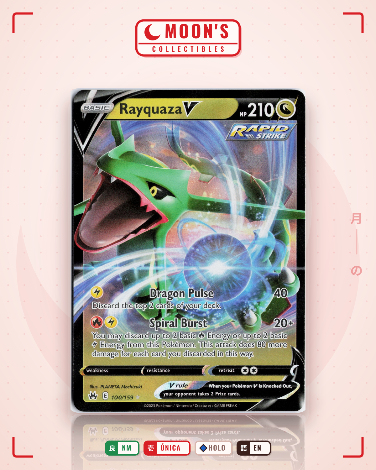 Carta Pokémon Rayquaza V · Crown Zenith #100/159 (NM) — pieza única en Moon's Collectibles México