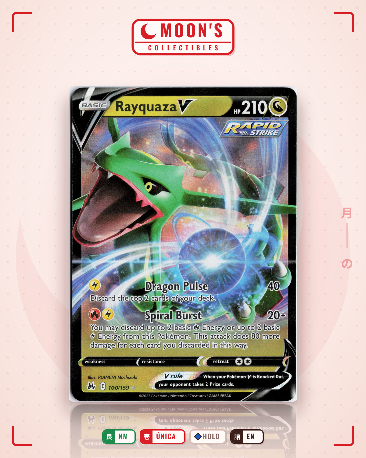 Carta Pokémon Rayquaza V · Crown Zenith #100/159 (NM) — pieza única en Moon's Collectibles México