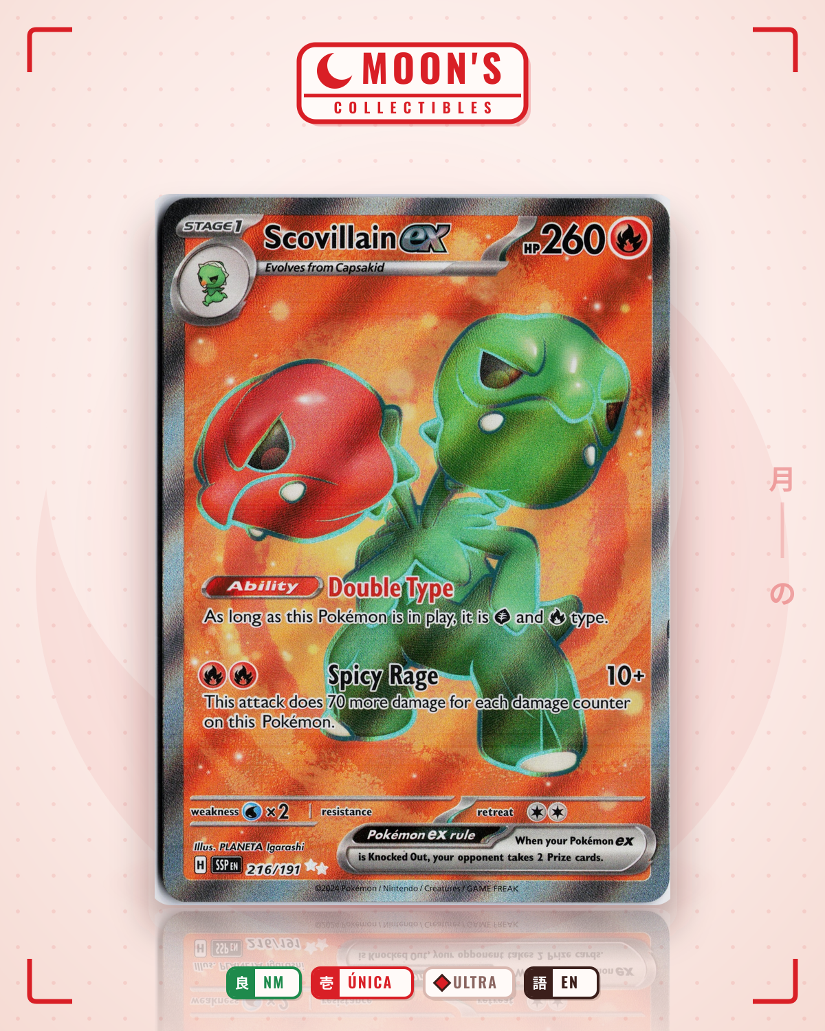 Carta Pokémon Scovillain ex · Surging Sparks #216/191 (NM) — pieza única en Moon's Collectibles México