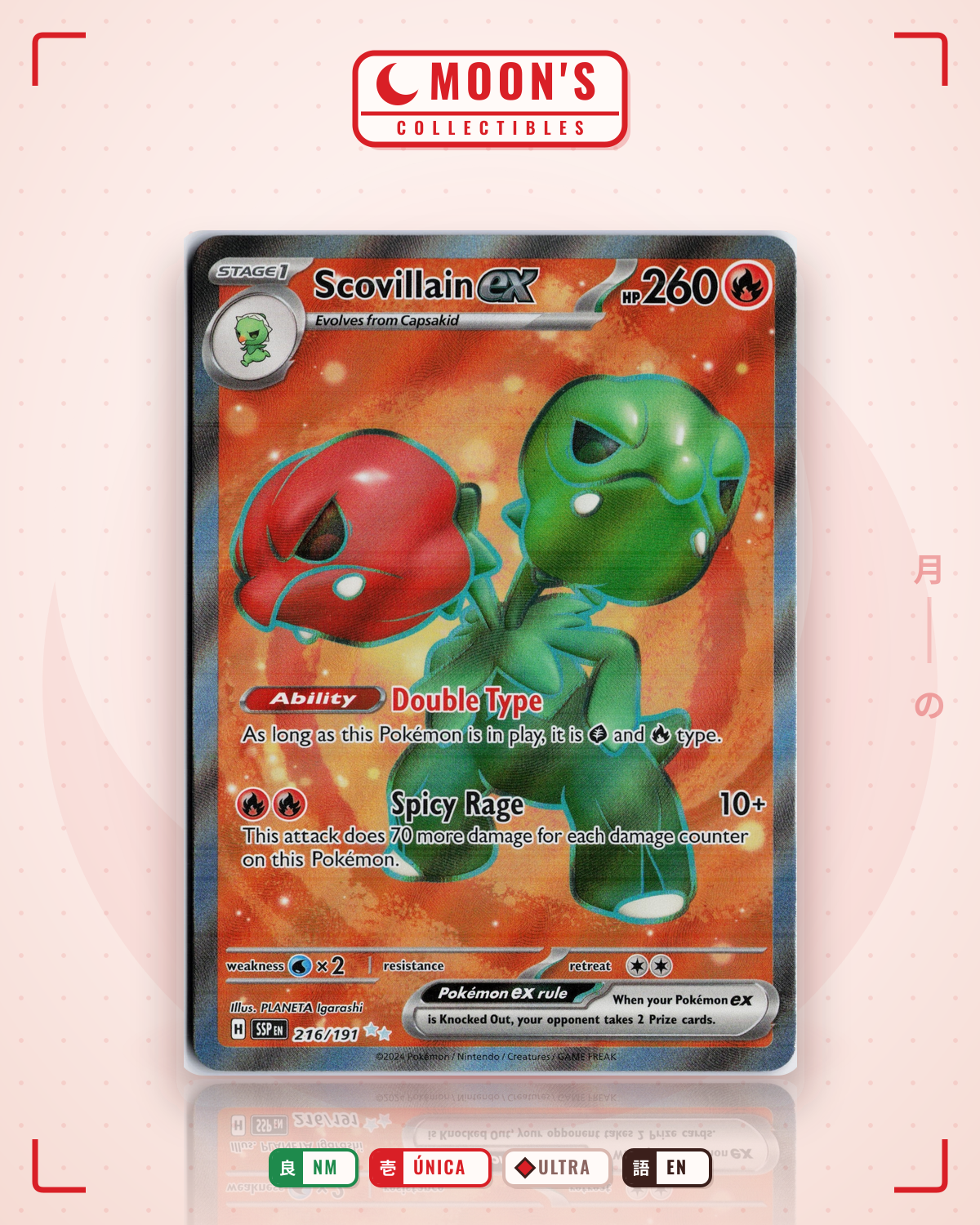 Carta Pokémon Scovillain ex · Surging Sparks #216/191 (NM) — pieza única en Moon's Collectibles México
