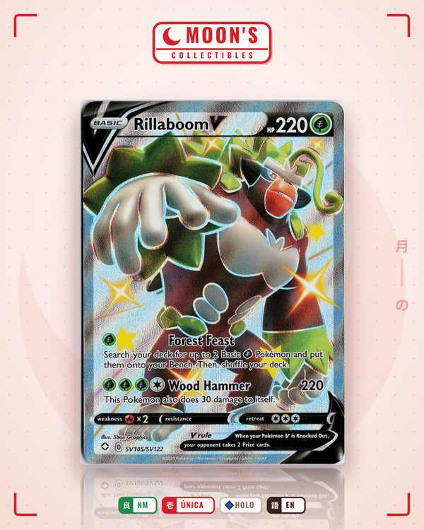 Carta Pokémon Rillaboom V · Shining Fates Shiny Vault #SV105/SV122 (NM) — pieza única en Moon's Collectibles México