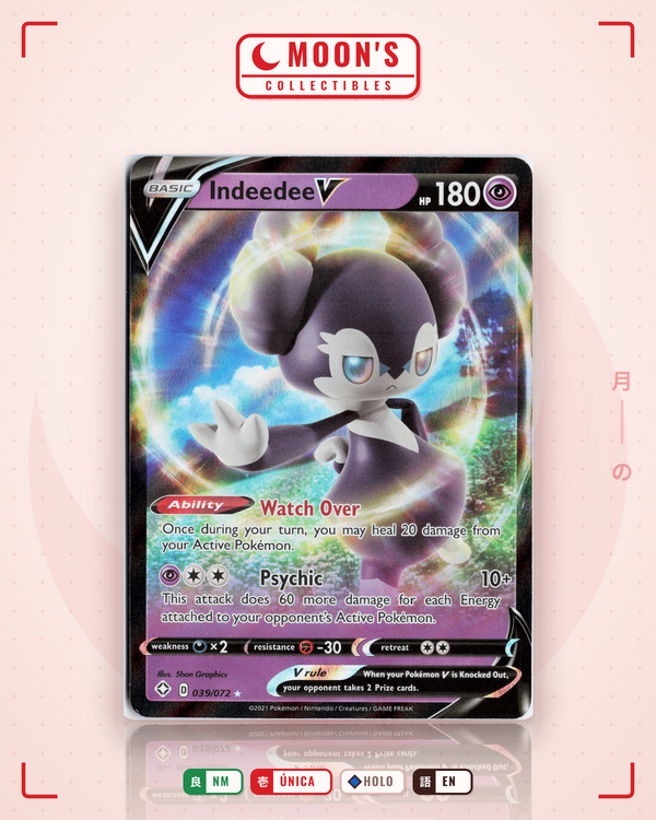 Carta Pokémon Indeedee V · Shining Fates #039/072 (NM) — pieza única en Moon's Collectibles México