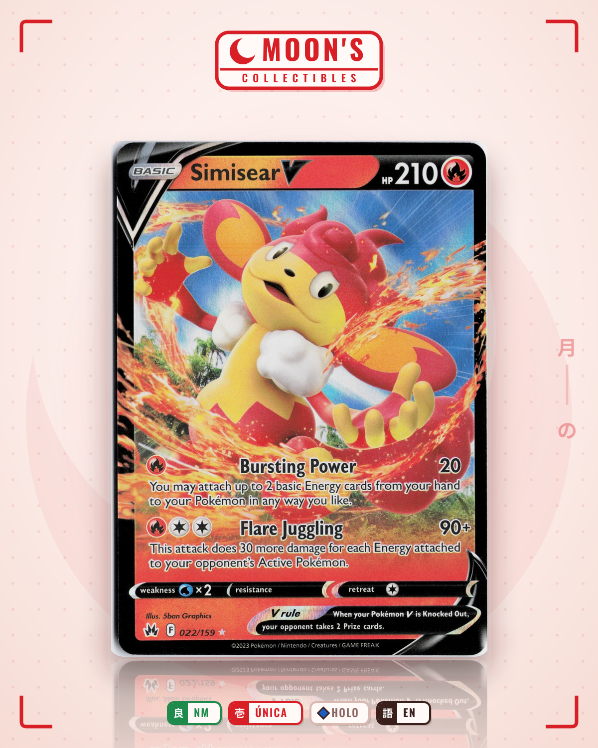 Carta Pokémon Simisear V · Crown Zenith #022/159 (NM) — pieza única en Moon's Collectibles México