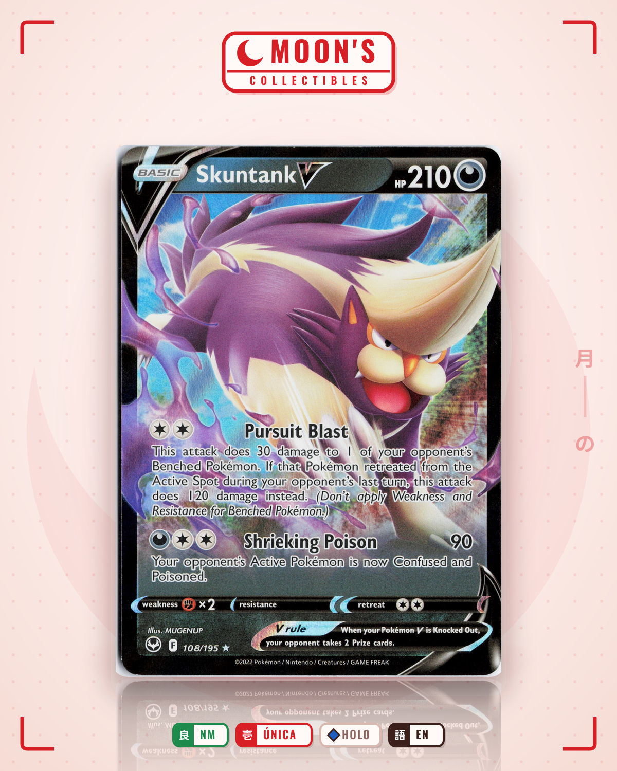 Carta Pokémon Skuntank V · Silver Tempest #108/195 (NM) — pieza única en Moon's Collectibles México