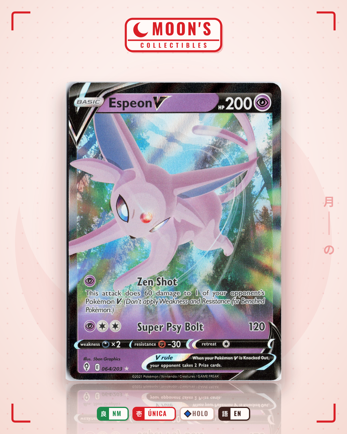 Carta Pokémon Espeon V · Evolving Skies #064/203 (NM) — pieza única en Moon's Collectibles México
