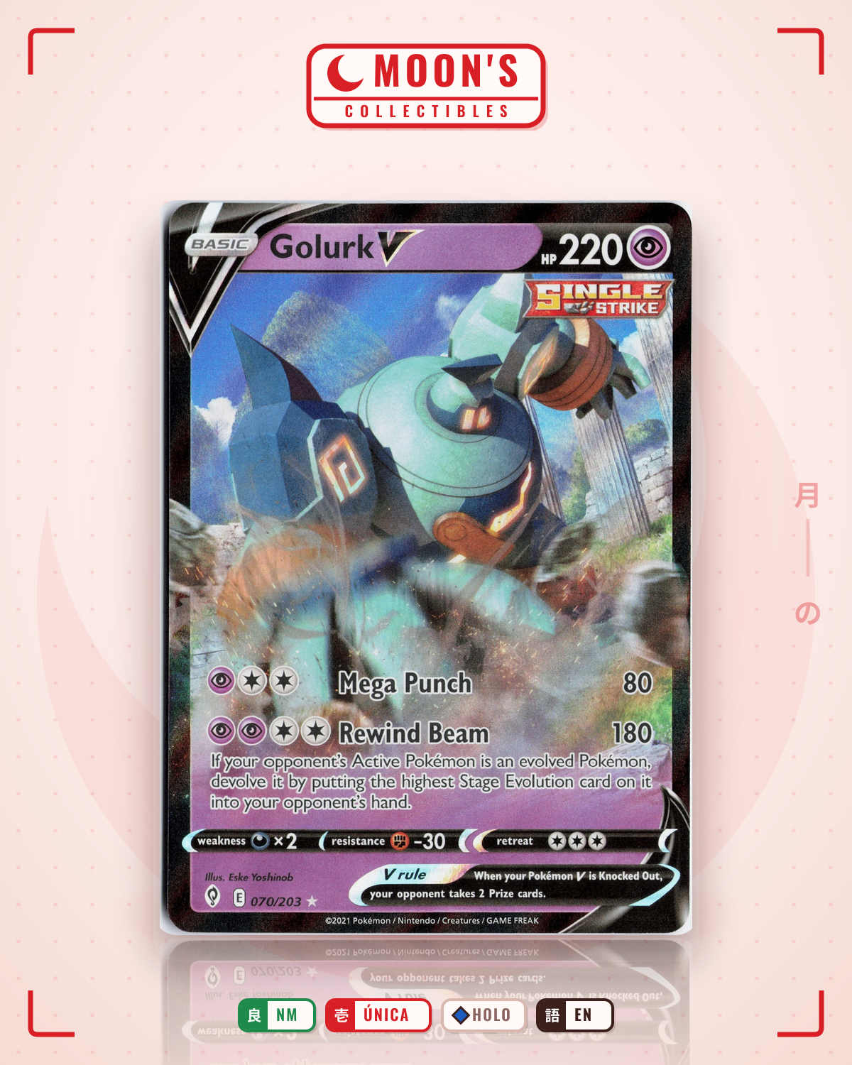Carta Pokémon Golurk V · Evolving Skies #070/203 (NM) — pieza única en Moon's Collectibles México