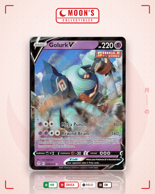 Carta Pokémon Golurk V · Evolving Skies #070/203 (NM) — pieza única en Moon's Collectibles México
