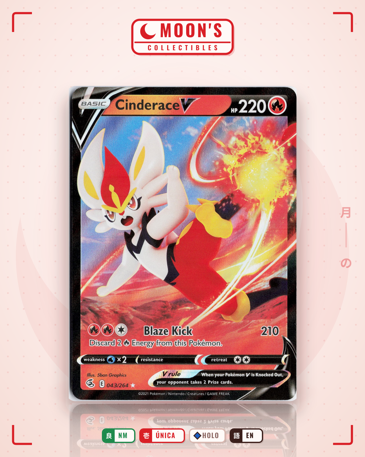 Carta Pokémon Cinderace V · Fusion Strike #043/264 (NM) — pieza única en Moon's Collectibles México