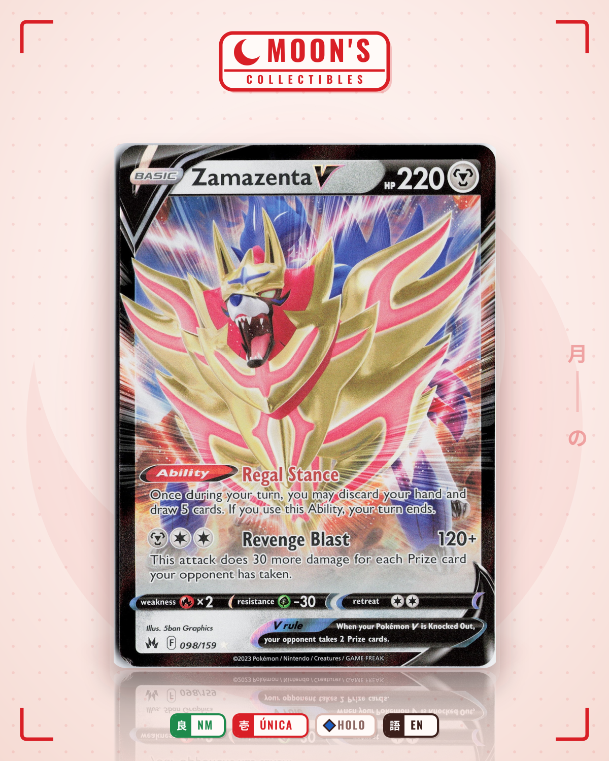 Carta Pokémon Zamazenta V · Crown Zenith #098/159 (NM) — pieza única en Moon's Collectibles México