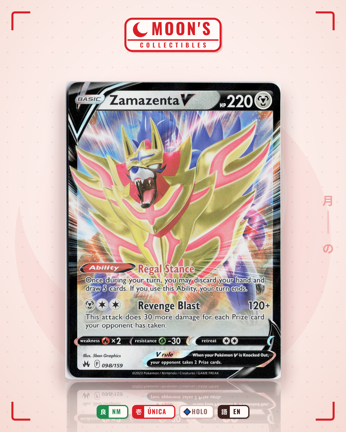 Carta Pokémon Zamazenta V · Crown Zenith #098/159 (NM) — pieza única en Moon's Collectibles México