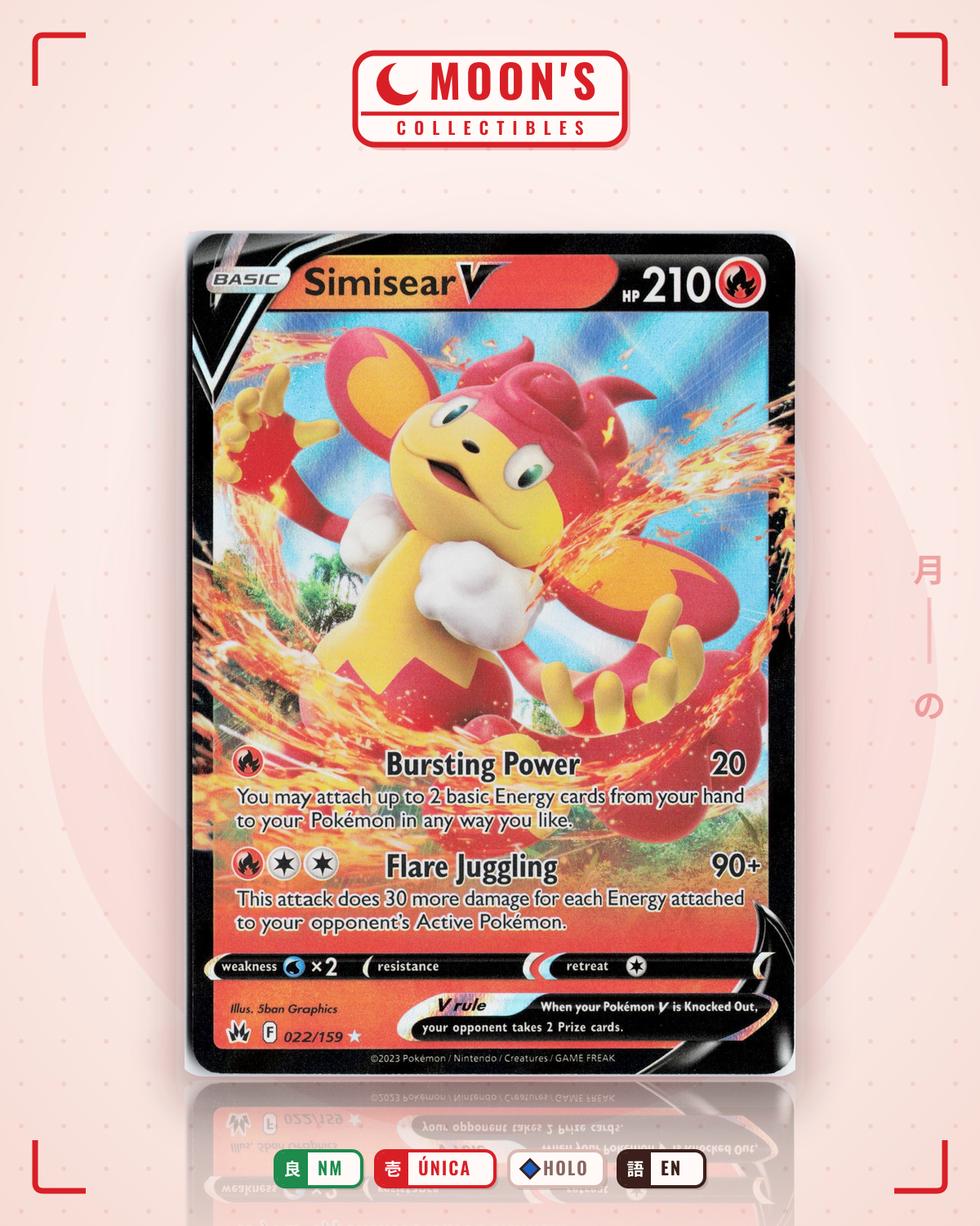 Carta Pokémon Simisear V · Crown Zenith #022/159 (NM) — pieza única en Moon's Collectibles México