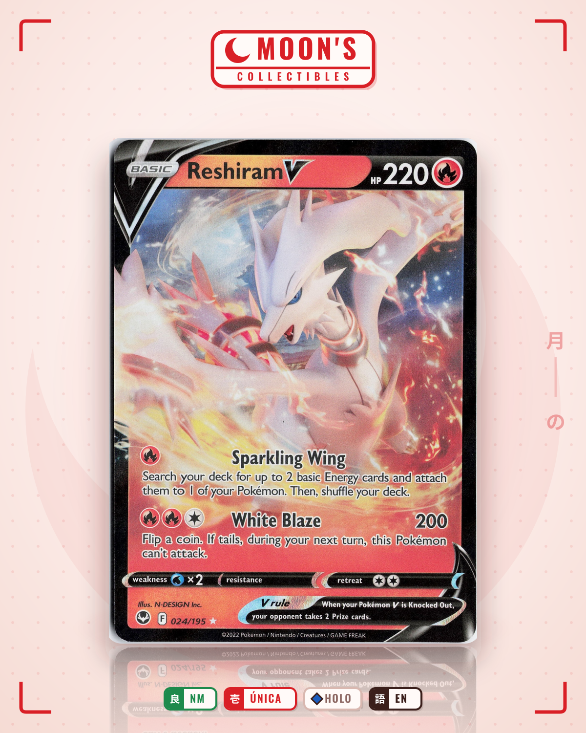 Carta Pokémon Reshiram V · Silver Tempest #024/195 (NM) — pieza única en Moon's Collectibles México