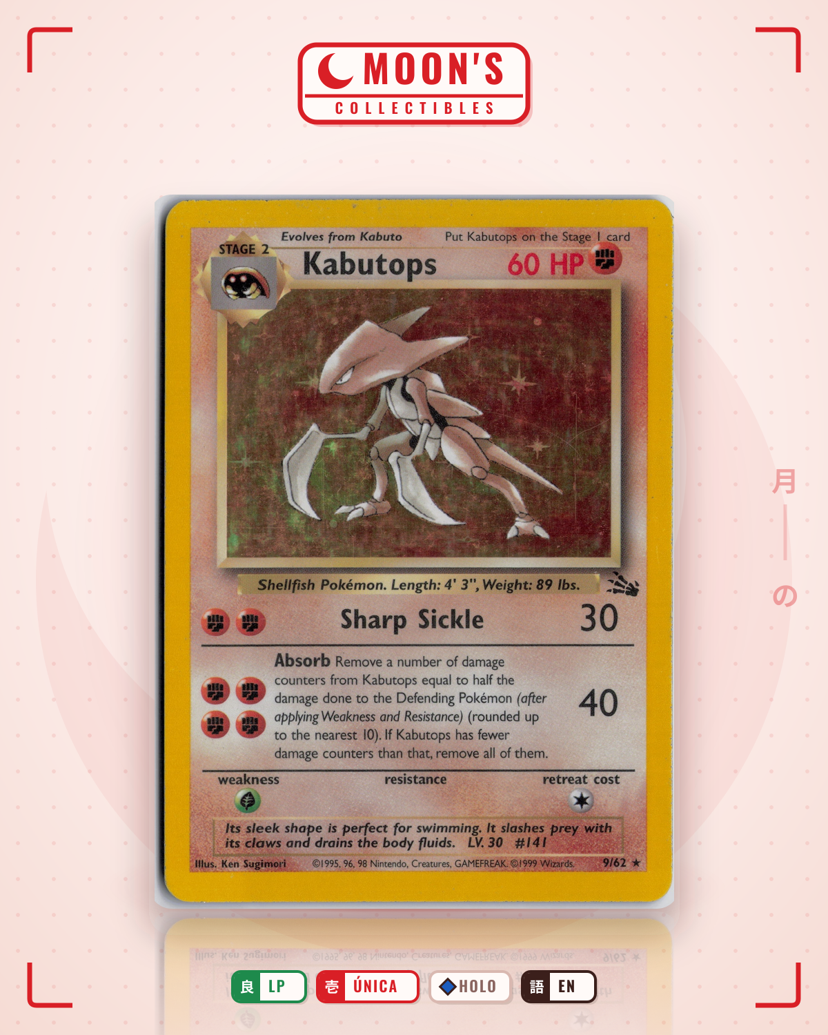 Carta Pokémon Kabutops · Fossil #9/62 (LP) — pieza única en Moon's Collectibles México