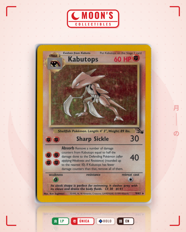 Carta Pokémon Kabutops · Fossil #9/62 (LP) — pieza única en Moon's Collectibles México