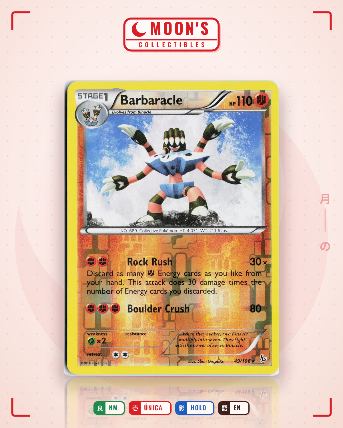 Carta Pokémon Barbaracle · Flashfire #49/106 (NM) — pieza única en Moon's Collectibles México