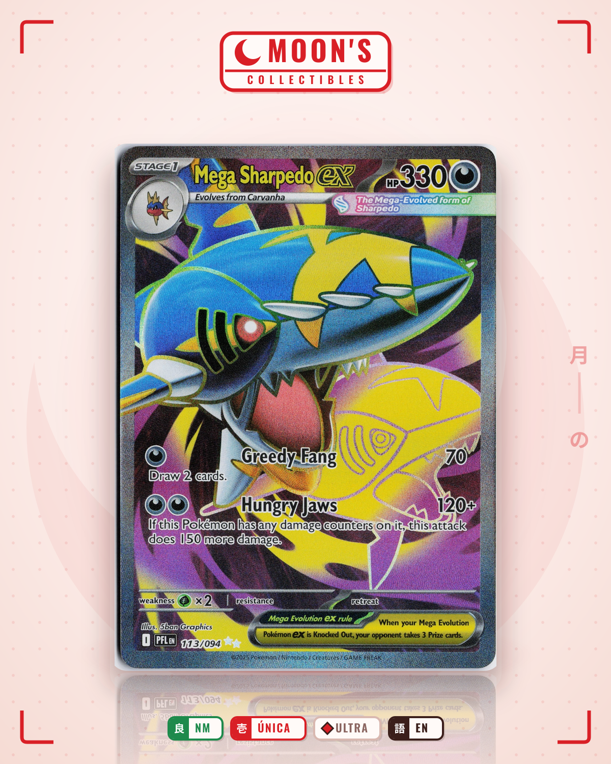 Carta Pokémon Mega Sharpedo ex · Phantasmal Flames #113/094 (NM) — pieza única en Moon's Collectibles México