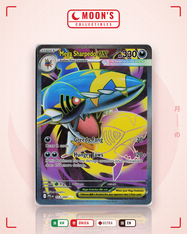 Carta Pokémon Mega Sharpedo ex · Phantasmal Flames #113/094 (NM) — pieza única en Moon's Collectibles México