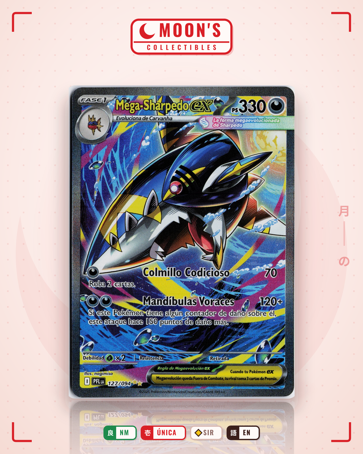 Carta Pokémon Mega Sharpedo ex · Phantasmal Flames #127/094 (NM) — pieza única en Moon's Collectibles México